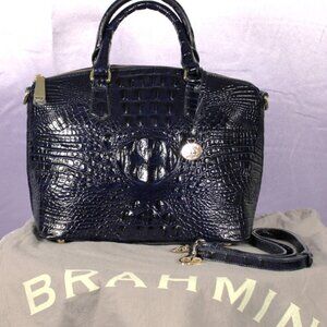 Brahmin Croc Embossed Leather Satchel Navy Melbourne Dome Bag w/ Strap & Dust Ba